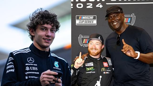 Kimi Antonelli (L) and Michael Jordan with his NASCAR team driver Tyler Reddick (R)