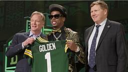 Wide receiver Matthew Golden of Texas poses with NFL Commissioner Roger Goodell and Green Bay Packers President and CEO Mark Murphy after being selected by the Green Bay Packers during the first round of the 2025 NFL Draft at Lambeau Field on April 24, 2025, in Green Bay.