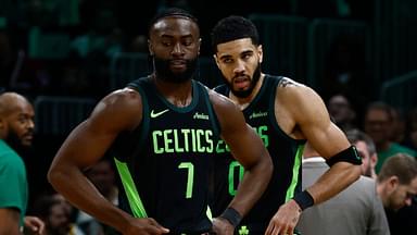 Feb 28, 2025; Boston, Massachusetts, USA; Boston Celtics guard Jaylen Brown (7) and forward Jayson Tatum (0) stand on the court during a timeout during the second half of their loss to the Cleveland Cavaliers at TD Garden. Mandatory Credit: Winslow Townson-Imagn Images