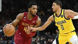 Indiana Pacers guard Tyrese Haliburton (0) defends against Cleveland Cavaliers guard Donovan Mitchell (45) during the second half at Rocket Mortgage FieldHouse.
