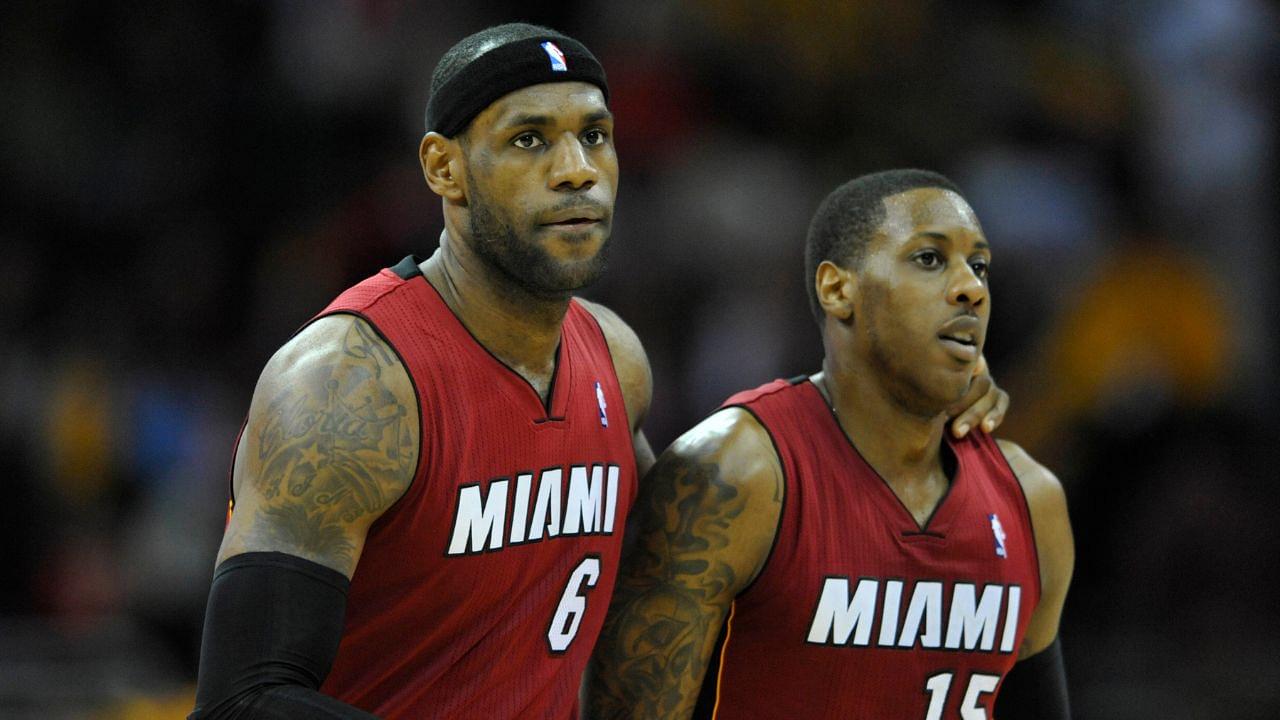 Miami Heat forward LeBron James (6) and guard Mario Chalmers (15) reacts in the fourth quarter against the Cleveland Cavaliers at Quicken Loans Arena.