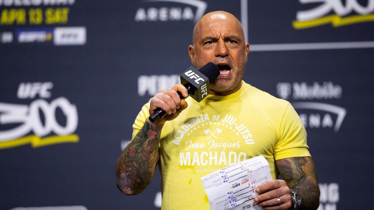 UFC announcer Joe Rogan during ceremonial weigh ins for UFC 300 at MGM Grand Garden Arena.