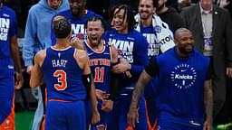 New York Knicks guard Jalen Brunson (11) reacts with teammates after defeating the Boston Celtics in overtime during game one of the second round for the 2025 NBA Playoffs at TD Garden.