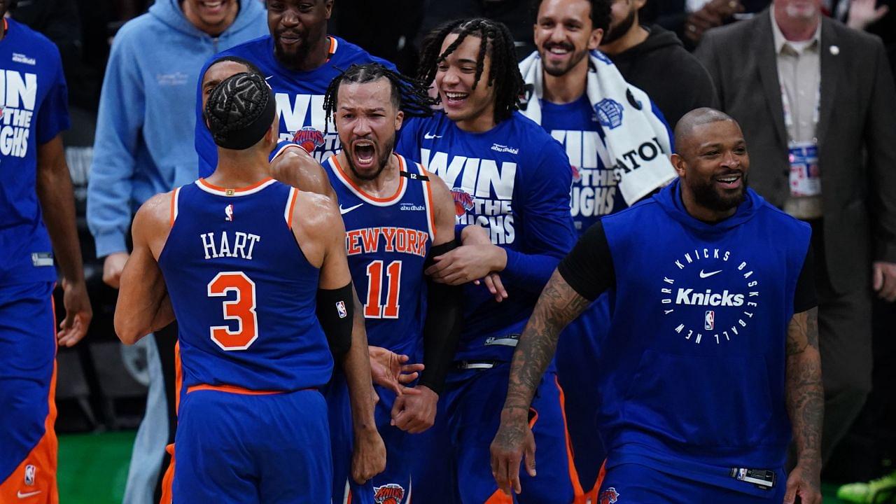 New York Knicks guard Jalen Brunson (11) reacts with teammates after defeating the Boston Celtics in overtime during game one of the second round for the 2025 NBA Playoffs at TD Garden.