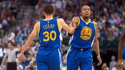 Golden State Warriors guard Stephen Curry (30) and forward David West (3) celebrates during the game against the Dallas Mavericks at the American Airlines Center. The Warriors defeat the Mavericks 112-87