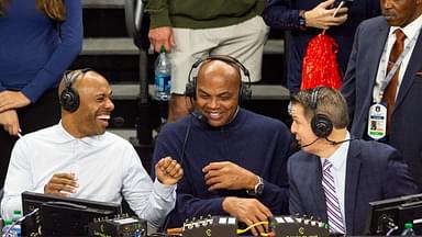 Former Auburn basketball player Charles Barkley jokes with announcers Jay Williams, left, and Roxy Bernstein, right, as Auburn Tigers take on USC Trojans at Neville Arena in Auburn, Ala., on Sunday, Dec. 17, 2023. Auburn Tigers defeated USC Trojans 91-75.