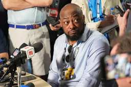 Mar 31, 2025; Palm Beach, FL, USA; Pittsburgh Steelers head coach Mike Tomlin answers questions from the medianduring the NFL Annual League Meeting at The Breakers. Mandatory Credit: Jim Rassol-Imagn Images