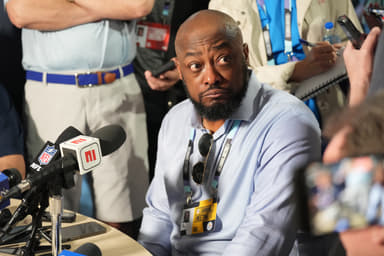 Mar 31, 2025; Palm Beach, FL, USA; Pittsburgh Steelers head coach Mike Tomlin answers questions from the medianduring the NFL Annual League Meeting at The Breakers. Mandatory Credit: Jim Rassol-Imagn Images