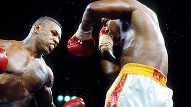 Mike Tyson (black trunks) battles Donovan Ruddock (white trunks) during their heavyweight fight at The Mirage. Tyson defeated Ruddock by unanimous decision in 12 rounds.