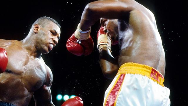 Mike Tyson (black trunks) battles Donovan Ruddock (white trunks) during their heavyweight fight at The Mirage. Tyson defeated Ruddock by unanimous decision in 12 rounds.
