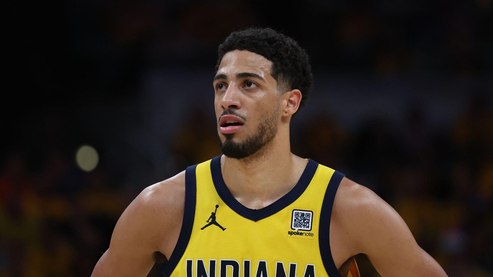May 27, 2025; Indianapolis, Indiana, USA; Indiana Pacers guard Tyrese Haliburton (0) stands on court during the second quarter against the New York Knicks of game four of the eastern conference finals for the 2025 NBA Playoffs at Gainbridge Fieldhouse
