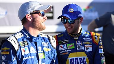 Former NASCAR Cup Series driver Dale Earnhardt Jr. (88) greets driver Chase Elliott (24) in victory lane after the two won the Front Row for the Daytona 500 at Daytona International Speedway. Chase Elliott won the Daytona 500 pole for second straight year.