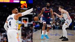 Russell Westbrook (L), James Harden being guarded by Christian Braun (R)