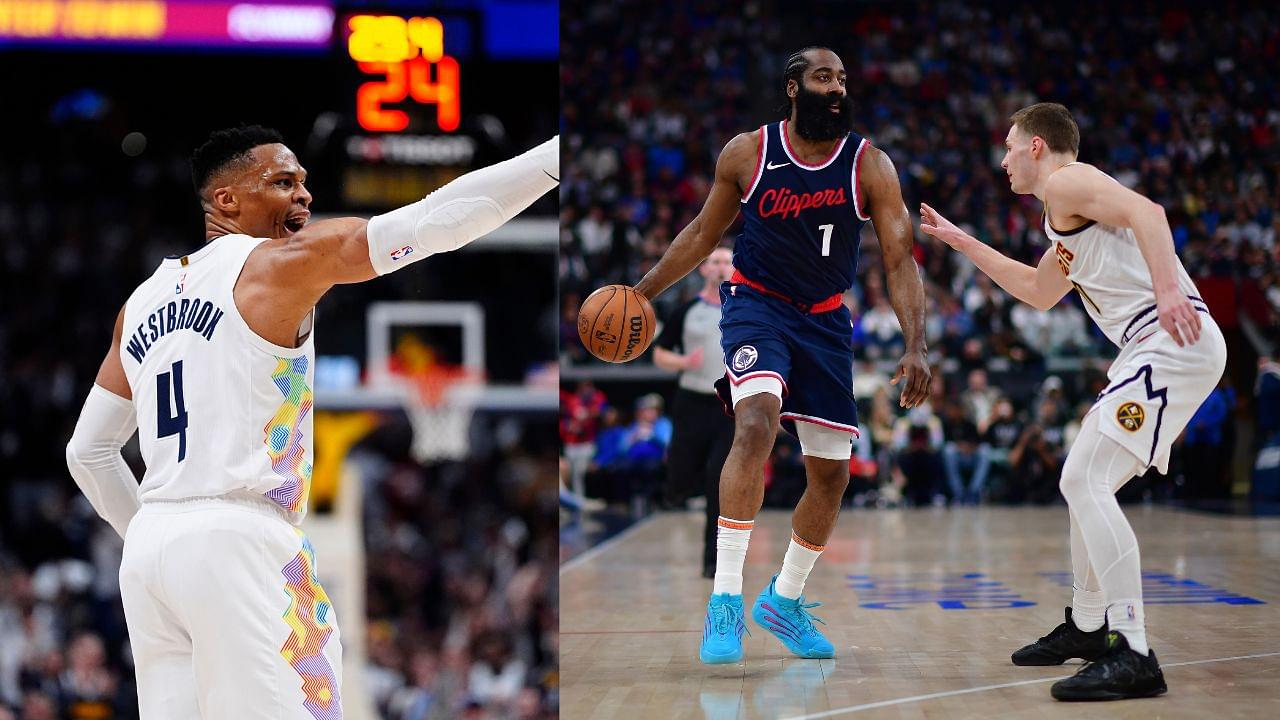 Russell Westbrook (L), James Harden being guarded by Christian Braun (R)
