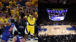 Aaron Nesmith shooting over Mikal Bridges at the Gainbridge Fieldhouse (L), The crowd at Madison Square Garden (R)