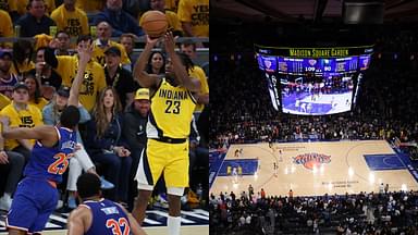 Aaron Nesmith shooting over Mikal Bridges at the Gainbridge Fieldhouse (L), The crowd at Madison Square Garden (R)