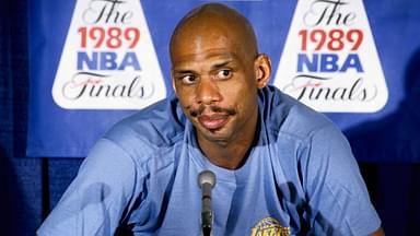 Los Angeles Lakers center Kareem Abdul-Jabbar speaks to the media following the loss the the Detroit Pistons in the 1989 NBA Finals at The Forum.