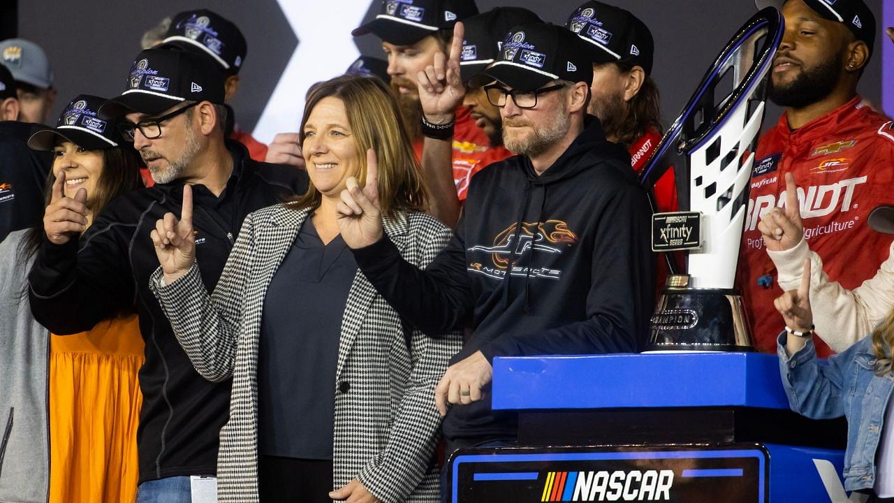 NASCAR Xfinity Series team owner Dale Earnhardt Jr and sister Kelley Earnhardt Miller celebrate after winning the 2024 Xfinity Series championship during the Championship race at Phoenix Raceway.