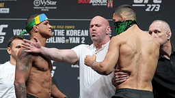 Apr 8, 2022; Jacksonville, FL, USA; Dana White (center) has to intervene between Gilbert Burns and Khamzat Chimaev during weigh ins for UFC 273 at VyStar Veterans Memorial Stadium.