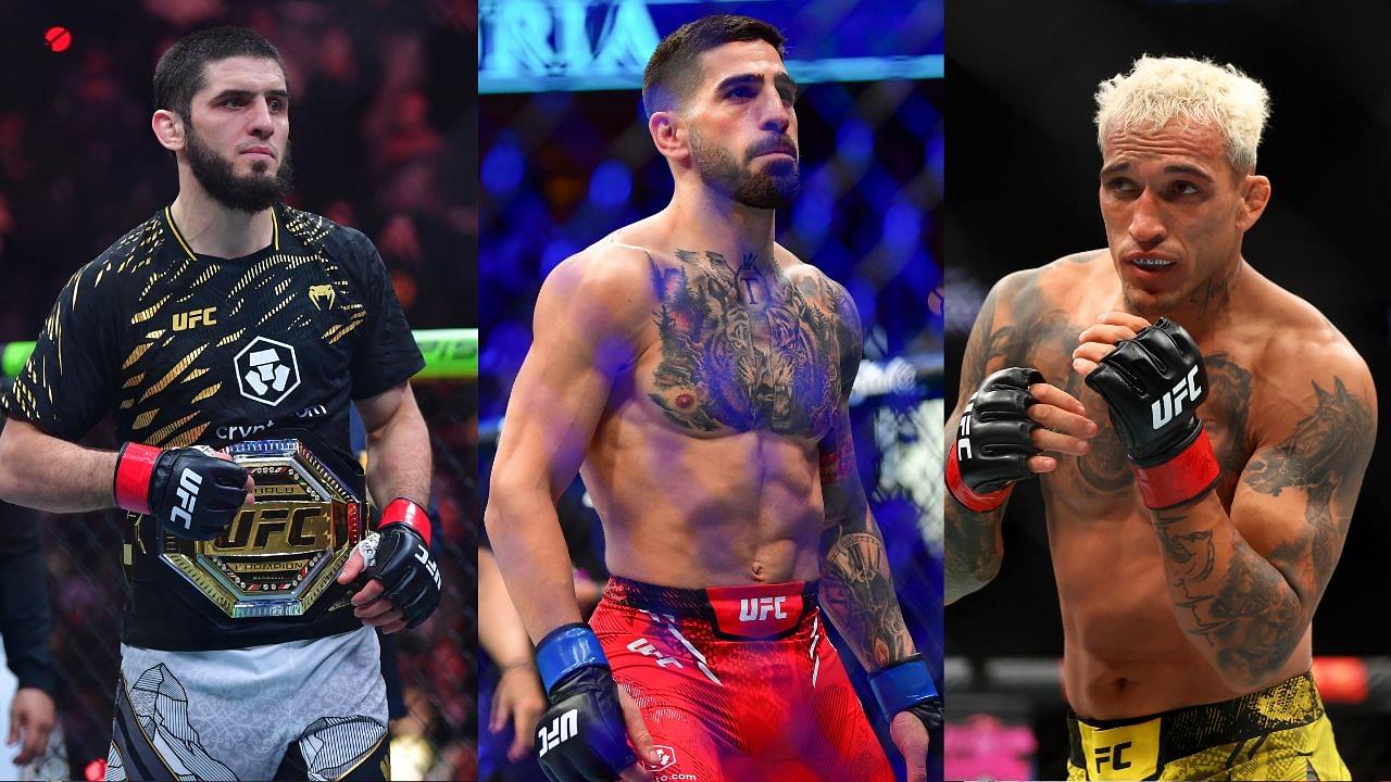 Islam Makhachev (L), Ilia Topuria (C), Charles Oliveira (R)