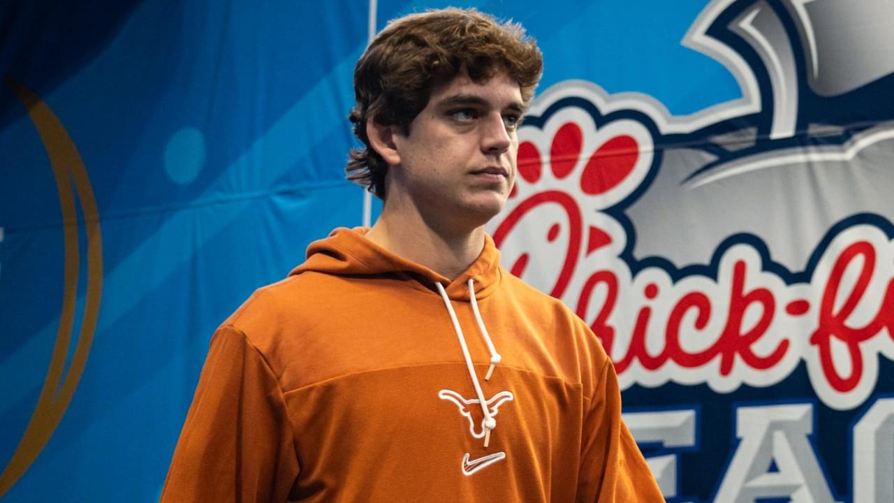 Texas Longhorns quarterback Arch Manning (16) walks onto the field as the Texas Longhorns prepare to play the Arizona State Sun Devils in the Peach Bowl College Football Playoff quarterfinal at Mercedes-Benz Stadium in Atlanta, Georgia, Jan. 1, 2025.