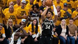 Milwaukee Bucks forward Giannis Antetokounmpo (34) shoots the ball while Indiana Pacers forward Pascal Siakam (43) defends during game five of the first round for the 2024 NBA Playoffs at Gainbridge Fieldhouse.