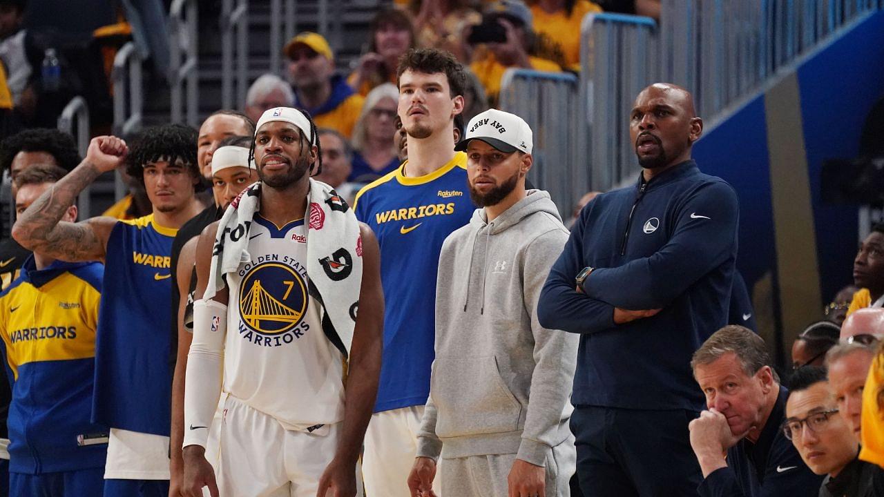 May 10, 2025; San Francisco, California, USA; Golden State Warriors guard Stephen Curry (30) watches from the bench during game three against the Minnesota Timberwolves in the second round of the 2025 NBA Playoffs at Chase Center. Mandatory Credit: David Gonzales-Imagn Images