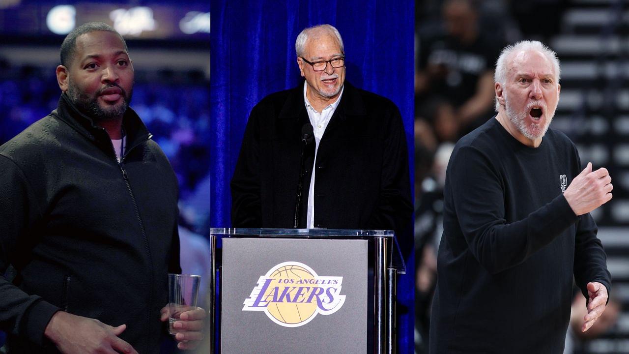 Robert Horry (L), Phil Jackson (C), Gregg Popovich (R)