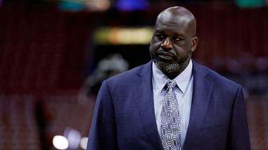 Shaquille O'Neal looks on before game four between the Miami Heat and the Boston Celtics in the Eastern Conference Finals for the 2023 NBA playoffs at Kaseya Center