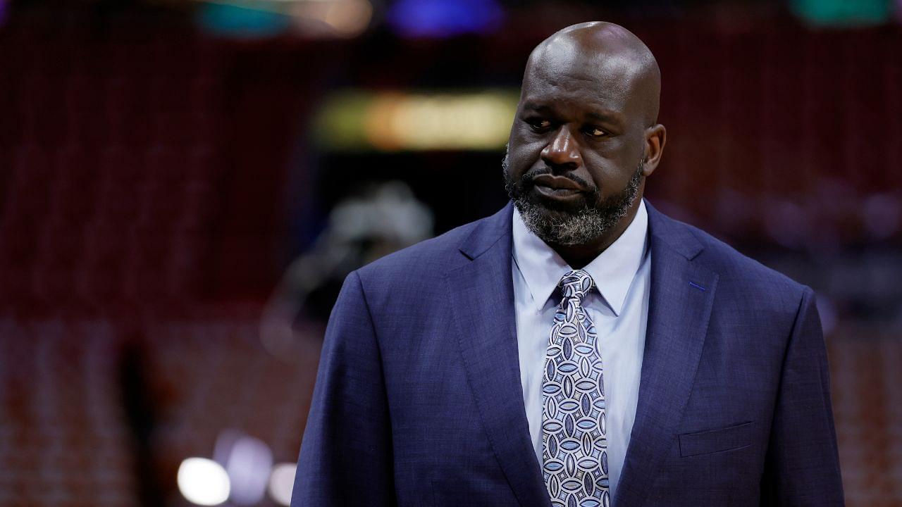 Shaquille O'Neal looks on before game four between the Miami Heat and the Boston Celtics in the Eastern Conference Finals for the 2023 NBA playoffs at Kaseya Center