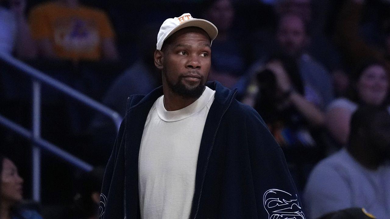 May 27, 2025; Los Angeles, California, USA; Kevin Durant attends a WNBA game between the Atlanta Dream and LA Sparks at Crypto.com Arena. Mandatory Credit: Kirby Lee-Imagn Images