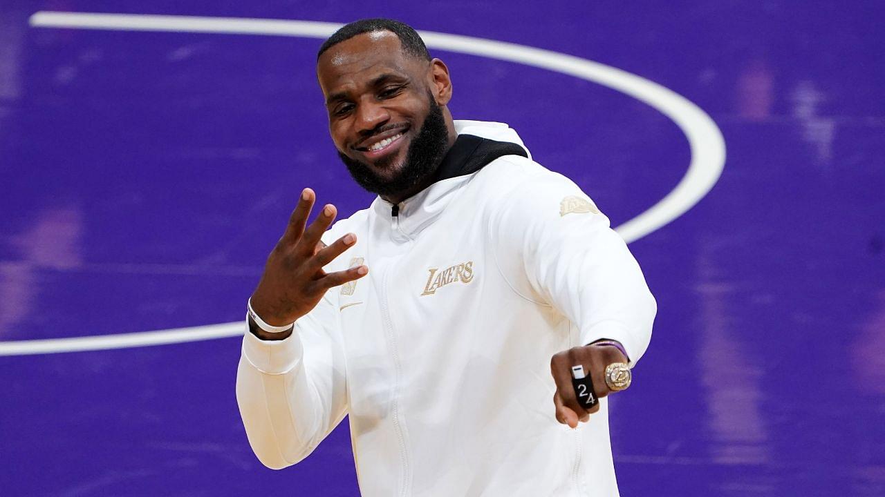 Los Angeles Lakers forward LeBron James (23) poses with 2020 NBA Champion ring before a game against the Los Angeles Clippers at Staples Center.