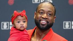 April 9, 2019 - Miami, FL, USA - The Miami Heat s Dwyane Wade, with his daughter Kaavia, during a news conference after a 122-99 win against the Philadelphia 76ers at the AmericanAirlines Arena in Miami on Tuesday, April 9, 2019