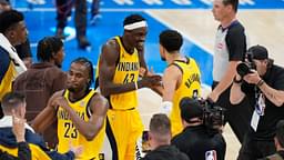 Indiana Pacers forward Pascal Siakam (43) celebrates with guard Tyrese Haliburton (0) after their win against the Oklahoma City Thunder in game one of the 2025 NBA Finals at Paycom Center.