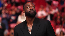 Former Miami Heat player Dwyane Wade reacts after learning a statue will be erected outside of Kaseya Center in 2025