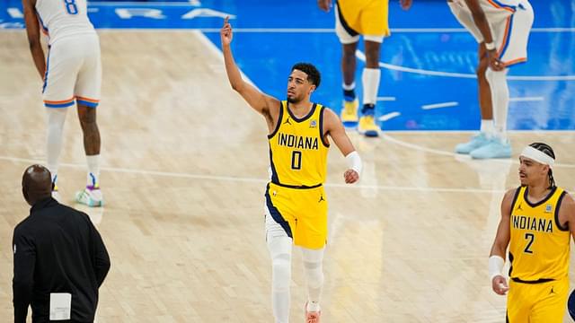 Indiana Pacers guard Tyrese Haliburton (0) reacts after a play against the Oklahoma City Thunder during the fourth quarter in game one of the 2025 NBA Finals at Paycom Center.