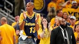 Jun 11, 2025; Indianapolis, Indiana, USA; Former Indiana Pacers player Reggie Miller celebrates during the third quarter of the game between the Indiana Pacers and the Oklahoma City Thunder in game three of the 2025 NBA Finals at Gainbridge Fieldhouse.