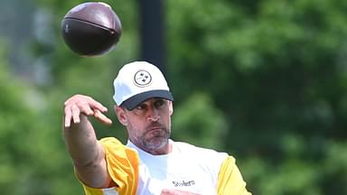 Pittsburgh Steelers quarterback Aaron Rodgers (8) throws the ball during minicamp at their South Side facility.