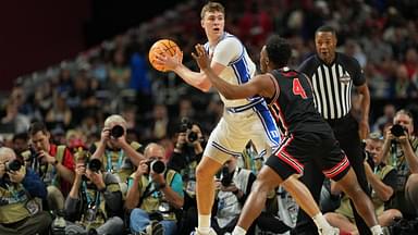 Duke Blue Devils forward Cooper Flagg (2) controls the ball against Houston Cougars guard L.J. Cryer (4) during the first half in the semifinals of the men's Final Four of the 2025 NCAA Tournament at the Alamodome.