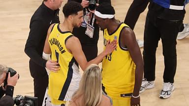 May 23, 2025; New York, New York, USA; Indiana Pacers guard Tyrese Haliburton (0) and forward Pascal Siakam (43) embrace after defeating the New York Knicks in game two of the eastern conference finals for the 2025 NBA Playoffs at Madison Square Garden.