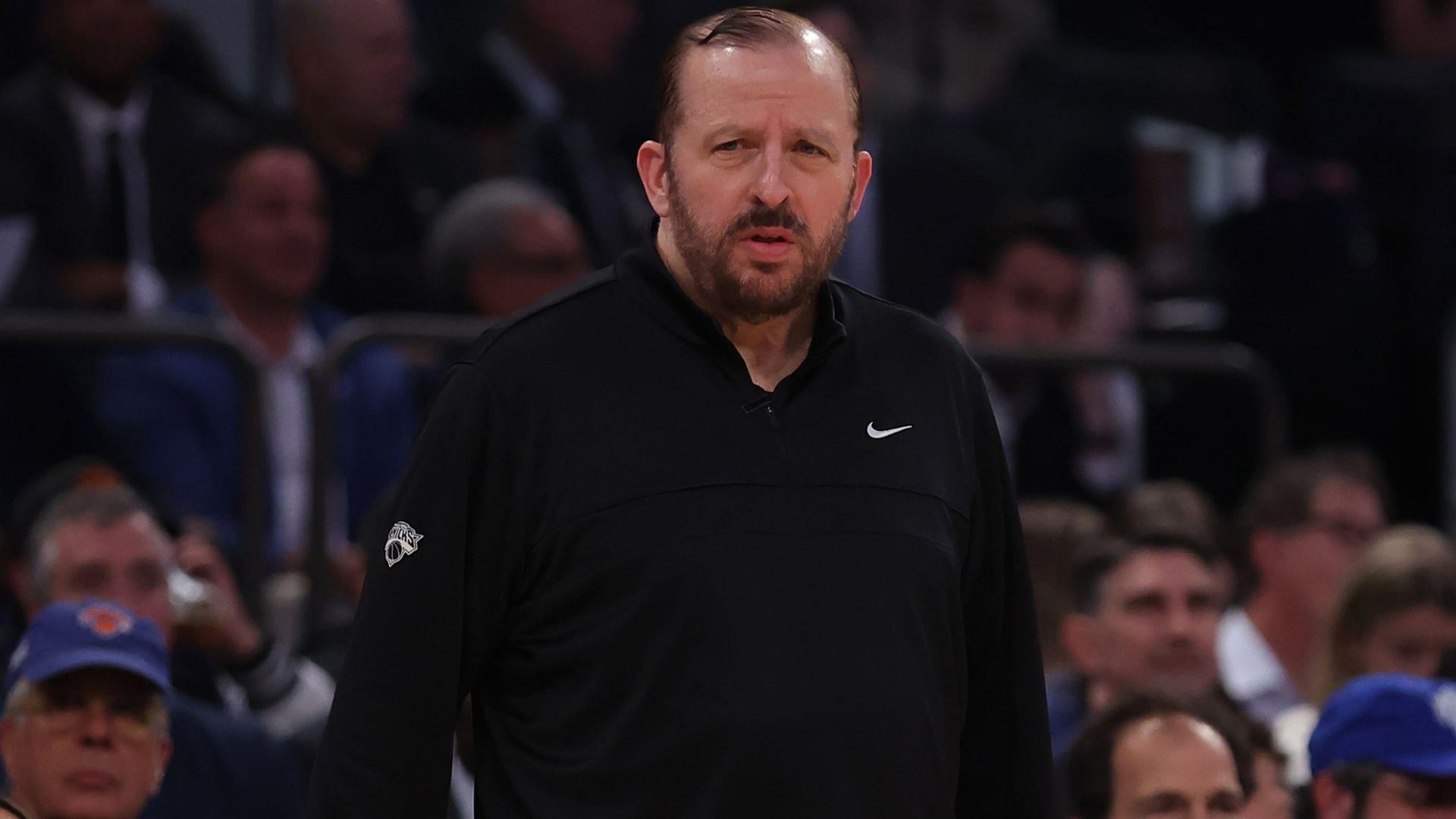 May 29, 2025; New York, New York, USA; New York Knicks head coach Tom Thibodeau looks on in the first quarter against the Indiana Pacers during game five of the eastern conference finals for the 2025 NBA Playoffs at Madison Square Garden
