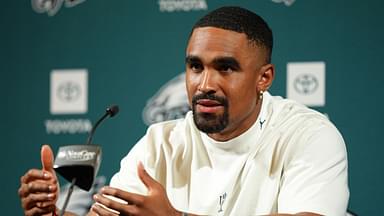 Philadelphia Eagles quarterback Jalen Hurts (1) addresses media during a press conference at NovaCare Complex.