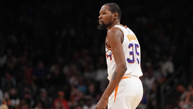 Mar 19, 2025; Phoenix, Arizona, USA; Phoenix Suns forward Kevin Durant (35) looks on against the Chicago Bulls during the second half at PHX Aena.
