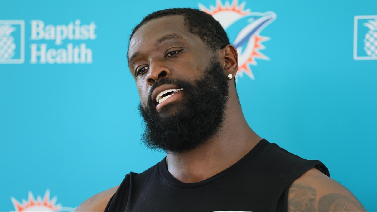 Miami Dolphins offensive tackle Terron Armstead (72) talks to reporters after joint practice with the Washington Commanders at Baptist Health Training Complex.