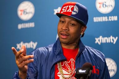Apr 8, 2016; Philadelphia, PA, USA; Philadelphia 76ers legend Allen Iverson talks about his selection for enshrinement in the Naismith Memorial Basketball Hall of Fame as a member of the Class of 2016 during a press conference at Wells Fargo Center