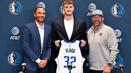 (from left) Dallas Mavericks general manager Nico Harrison and Mavericks first overall pick Cooper Flagg and head coach Jason Kidd pose for a photo at the Dallas Mavericks Practice Facility.