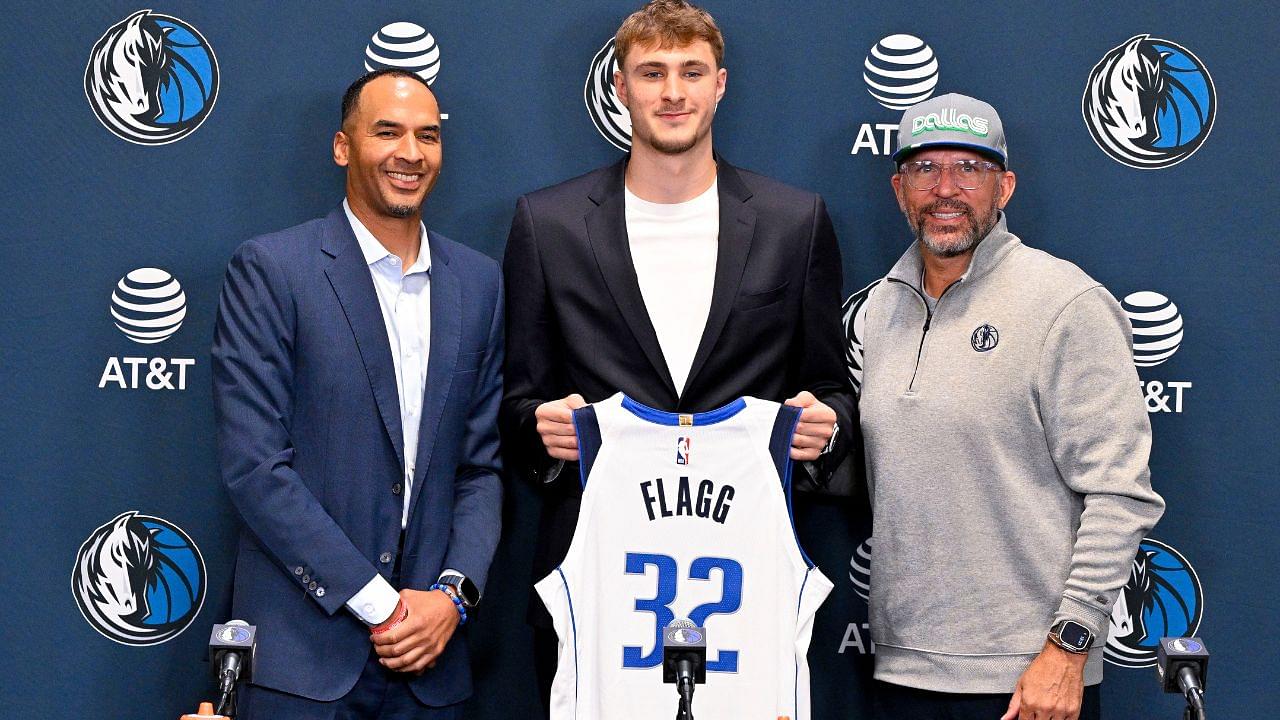 (from left) Dallas Mavericks general manager Nico Harrison and Mavericks first overall pick Cooper Flagg and head coach Jason Kidd pose for a photo at the Dallas Mavericks Practice Facility.