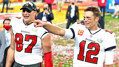 Tampa Bay Buccaneers quarterback Tom Brady (12) and tight end Rob Gronkowski (87) celebrate after beating the Kansas City Chiefs in Super Bowl LV at Raymond James Stadium.