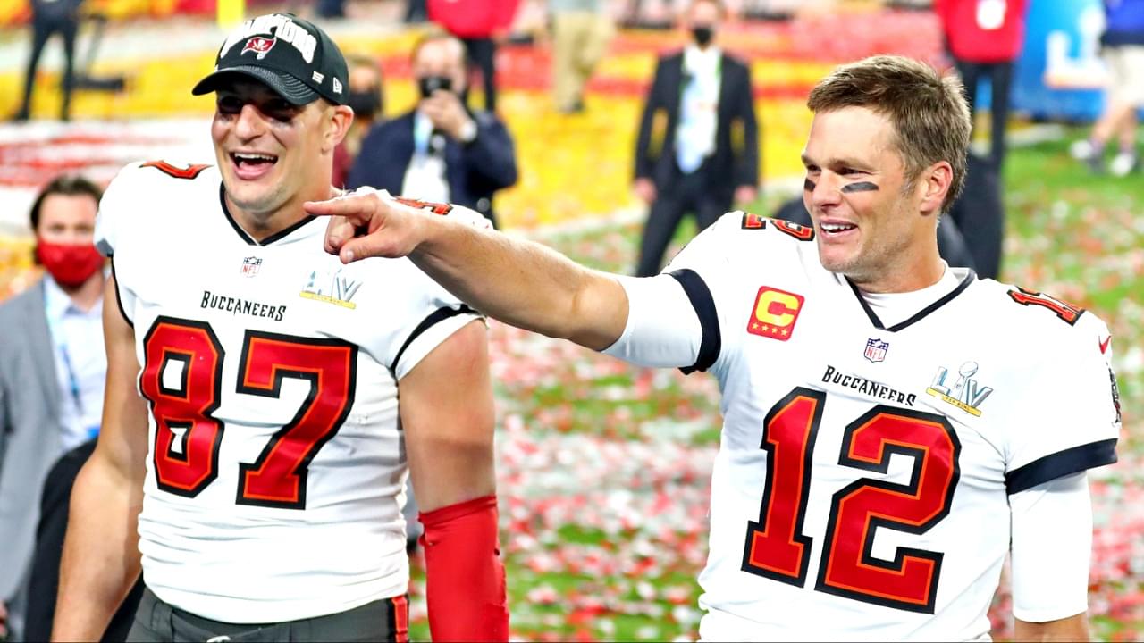 Tampa Bay Buccaneers quarterback Tom Brady (12) and tight end Rob Gronkowski (87) celebrate after beating the Kansas City Chiefs in Super Bowl LV at Raymond James Stadium.
