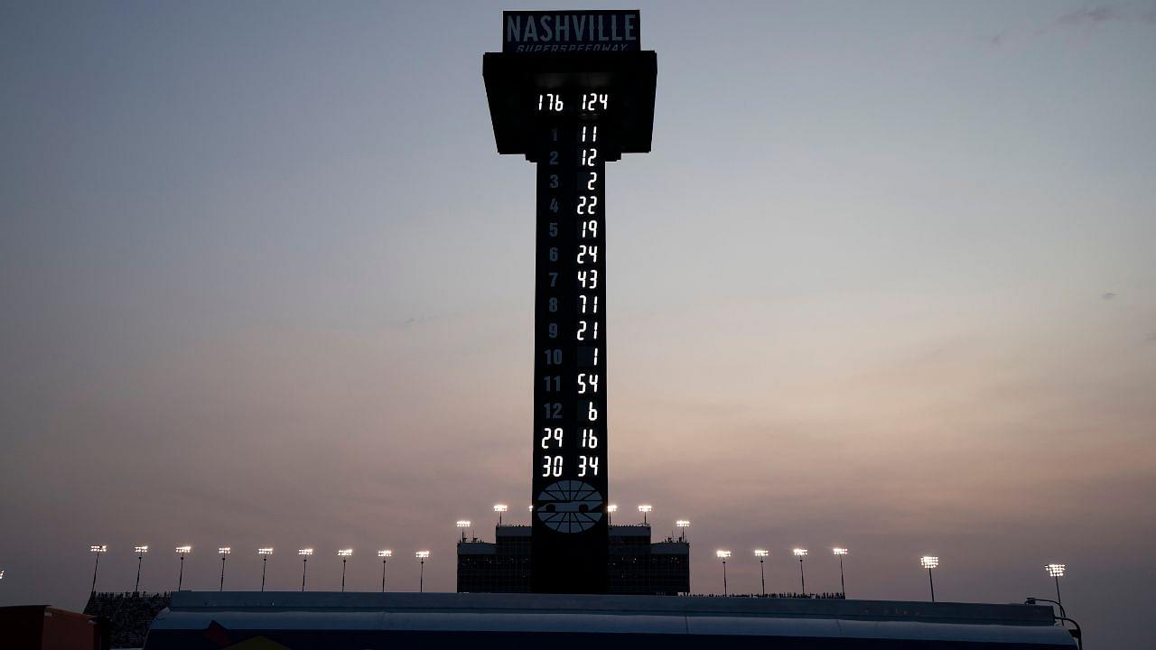 NASCAR Cup Series driver Denny Hamlin (11) leads the race with 176 laps to go during the Cracker Barrel 400 NASCAR Cup Series race at Nashville Superspeedway in Lebanon, Tenn., Sunday, June 1, 2025.